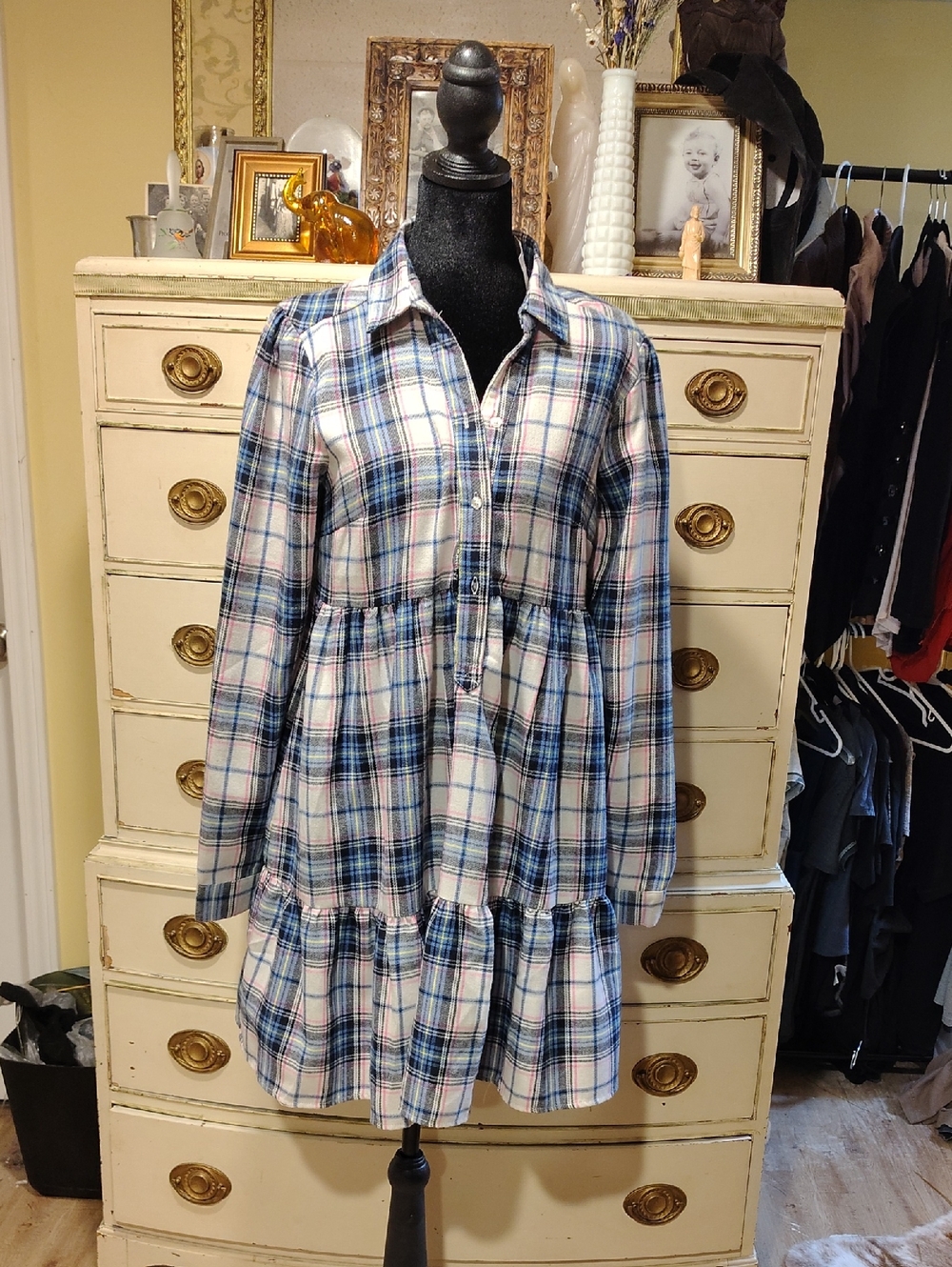 Francesca's Collections Navy, Blue & White Plaid Tiered Button-Front Shirt Dress